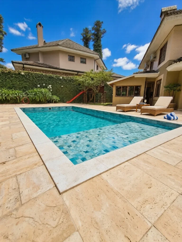 Piscina de Luxo com Deck de Pedra e Espreguiçadeiras - Nova Era Piscinas